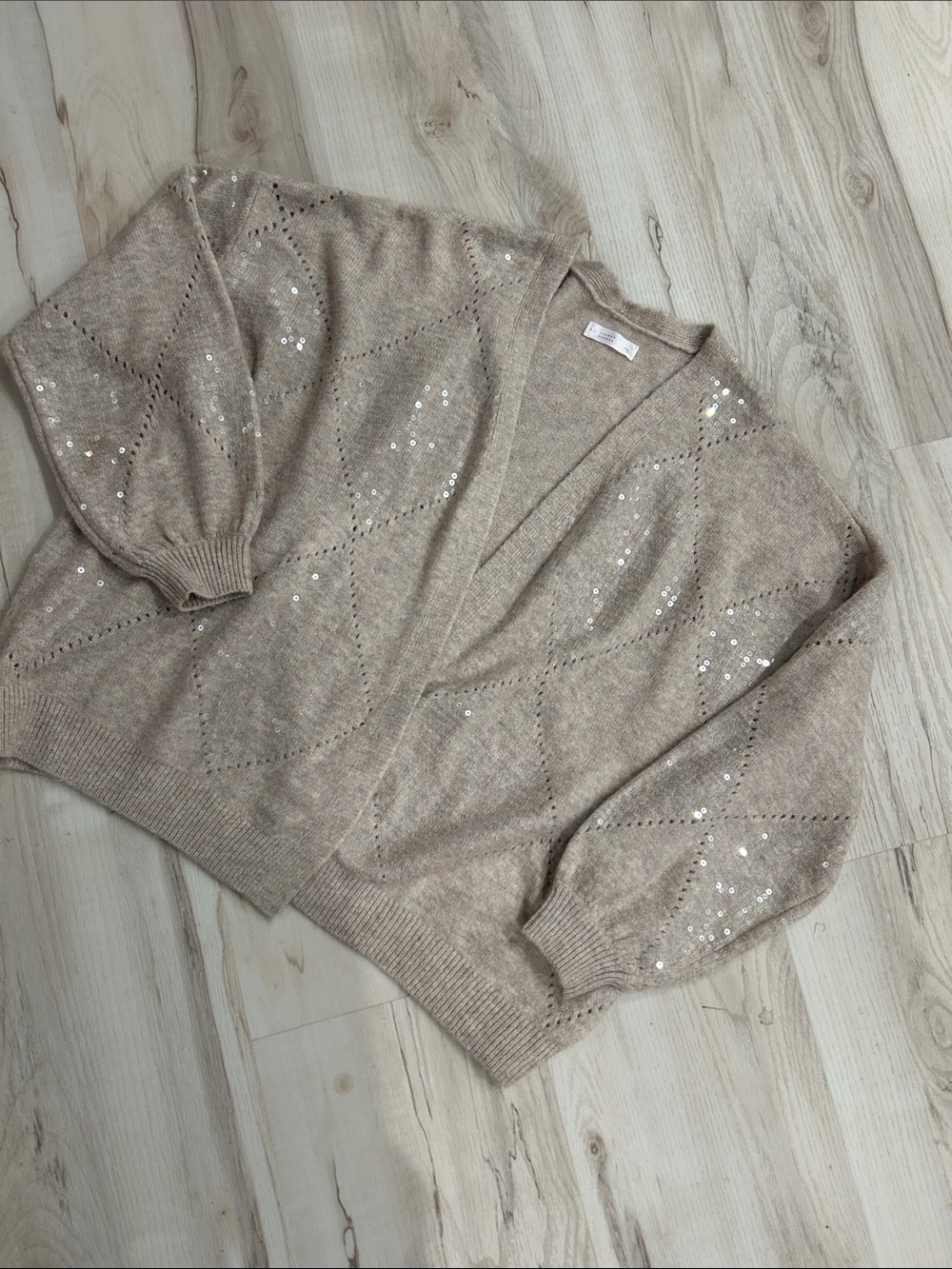 LC Lauren Conrad Beige Sequin Open-Front Cardigan